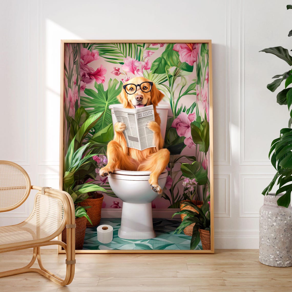 Golden Retriever With Glasses Reading the Paper on a Toilet Poster