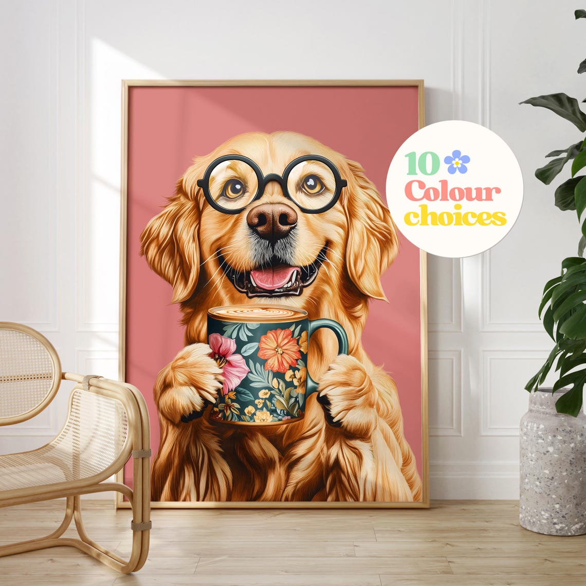 Golden Retriever Wearing Glasses Holding a Floral Coffee Mug Poster
