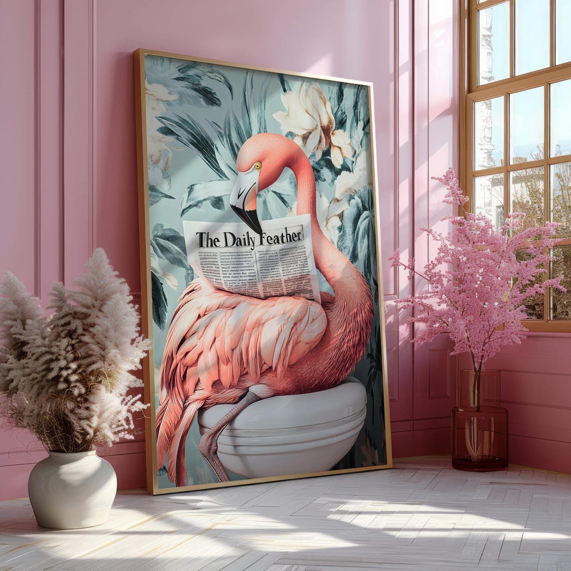 Flamingo Reading The Daily Feather on a Toilet Botanical Poster - Image 5