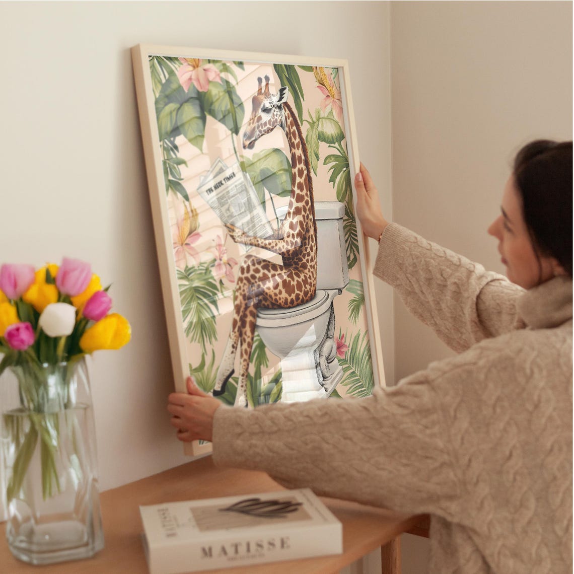 Giraffe Sitting on a Toilet Reading The Neck Times Bathroom Poster - Image 3