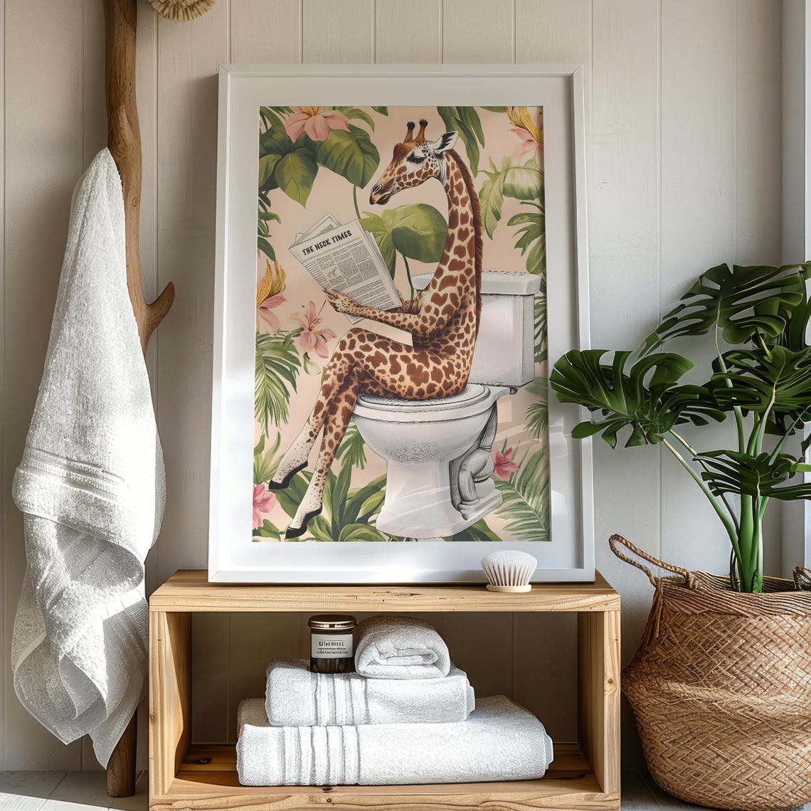Giraffe Sitting on a Toilet Reading The Neck Times Bathroom Poster - Image 7