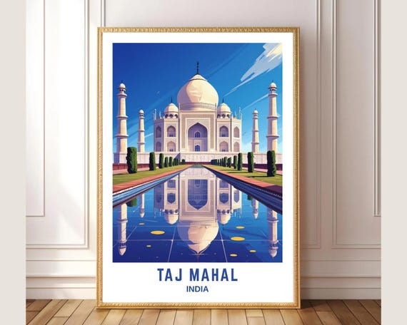 Taj Mahal Wall Art Print India Travel Poster Famous Landmark Modern Architecture Illustration Minimalist Home Decor