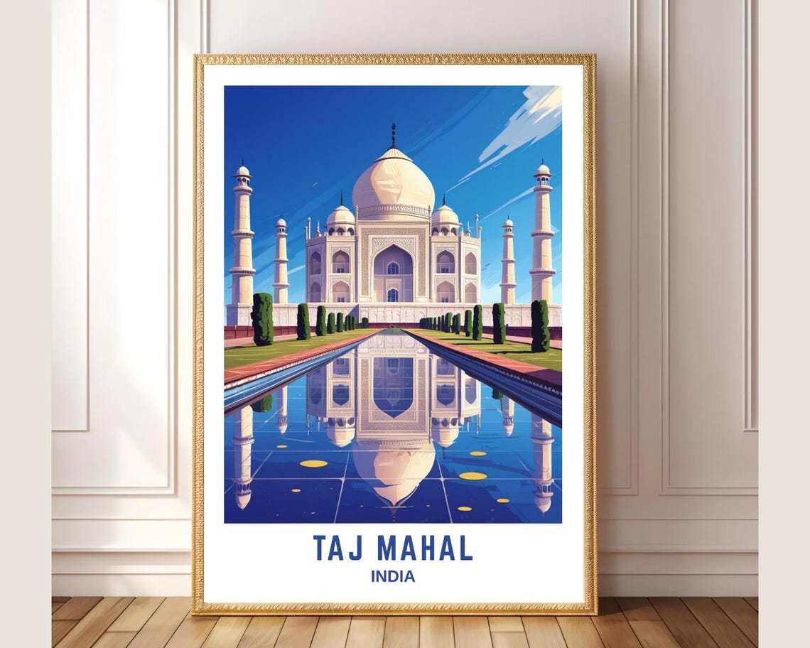 Taj Mahal India Travel Poster White Marble Reflection Symmetrical