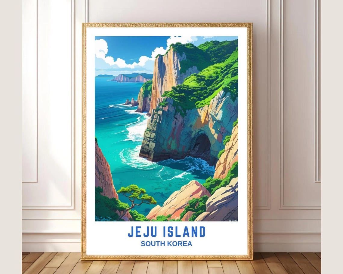 Jeju Island South Korea Cliffs Sea Cave Turquoise Water Art Poster
