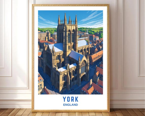 York England Wall Art Print Vintage Travel Poster Style Minster Cathedral Illustration City Architecture Decor