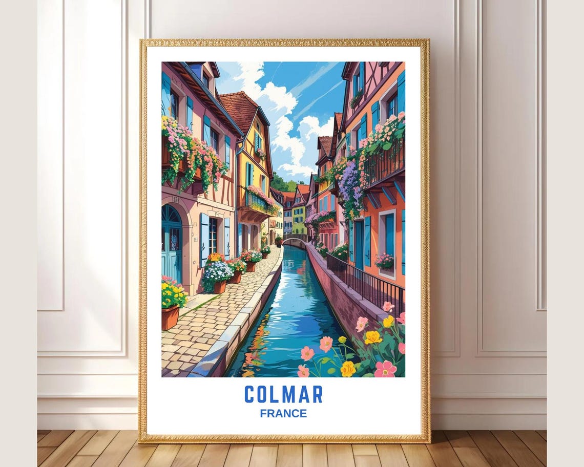 Colmar France Travel Poster Colorful Canal Street Wall Art European Village Illustration French Countryside Home Decor