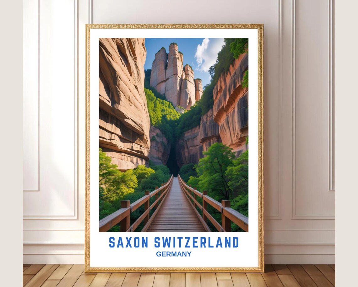 Saxon Switzerland National Park Wall Art Scenic Canyon Wooden Bridge Landscape Poster Germany Travel Print Nature Photography Decor