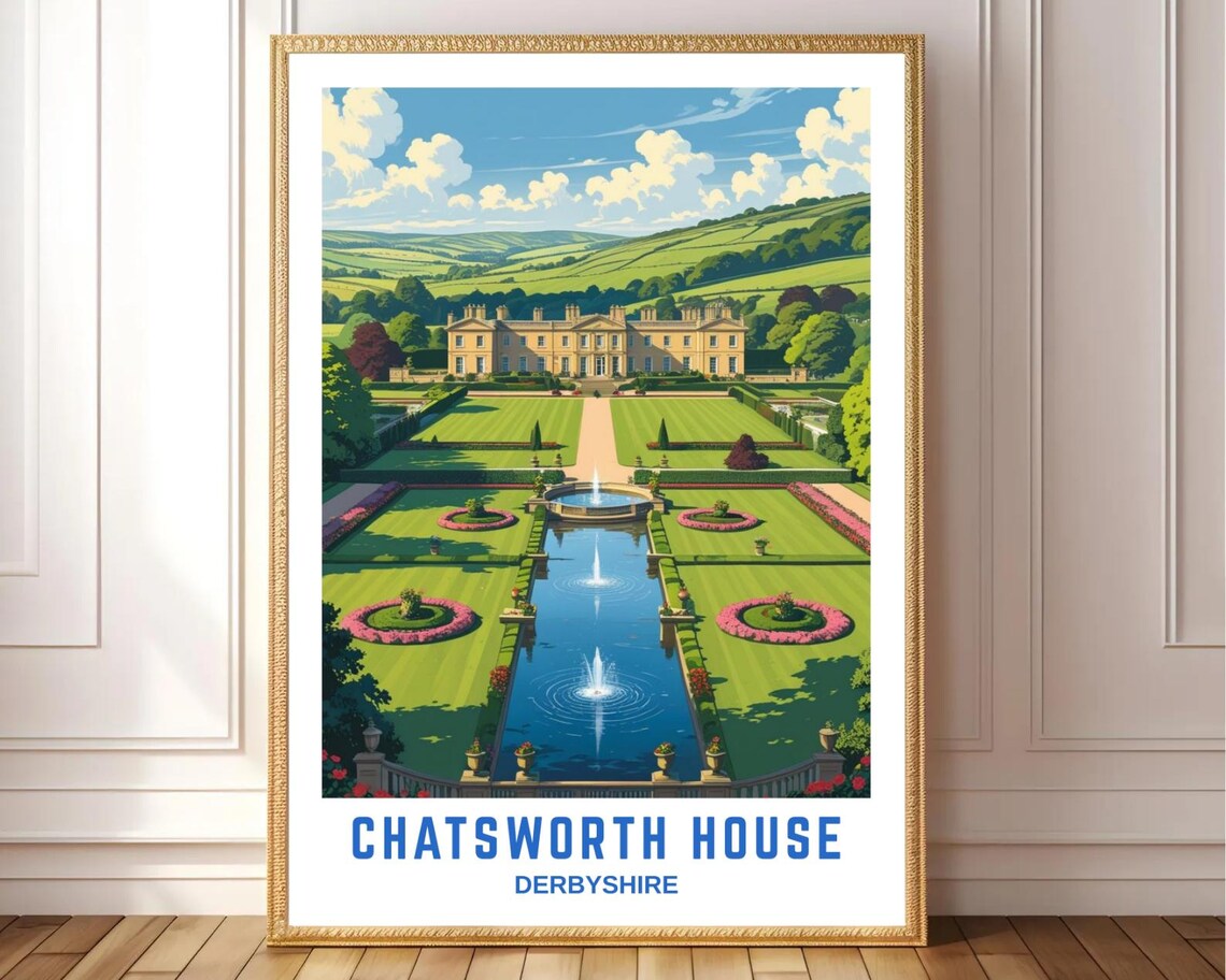 Chatsworth House Vintage Travel Poster, Derbyshire