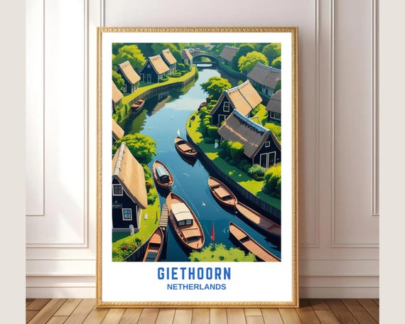Giethoorn Netherlands Travel Poster Vintage Canal Village Illustration Wall Art Print European Landscape Home Decor
