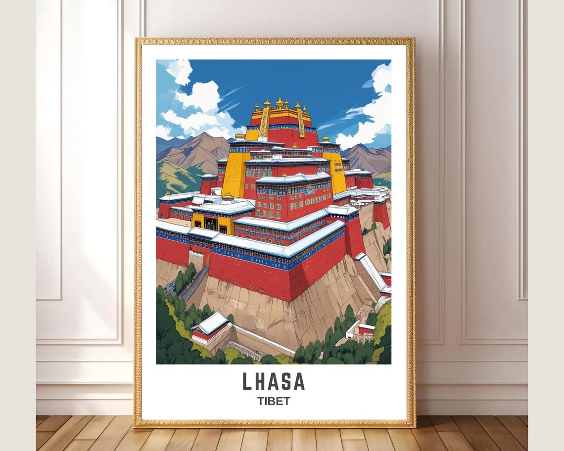 Lhasa Tibet Travel Poster Potala Palace Red and Gold Mountain Art