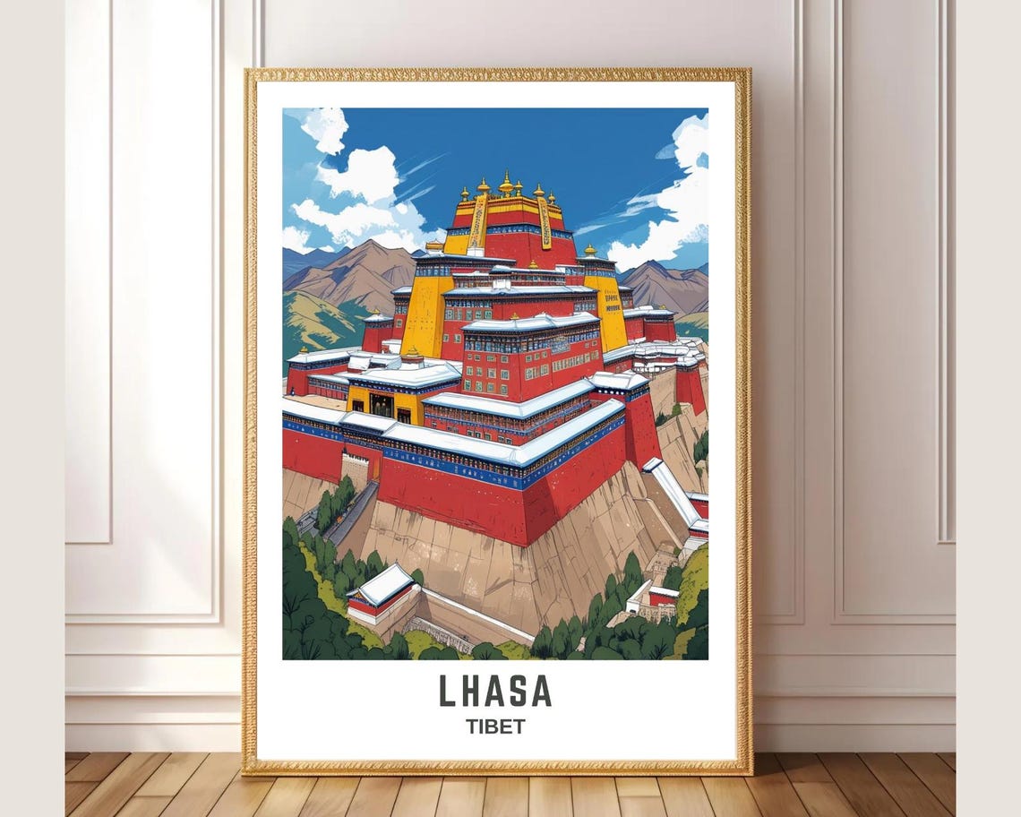 Lhasa Tibet Wall Art Print Potala Palace Travel Poster Colorful Architecture Illustration Home Decor