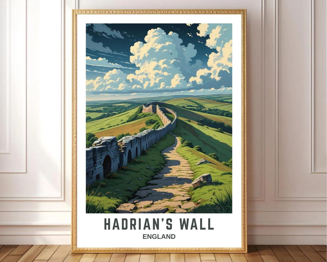 Hadrians Wall England Roman Stone Wall Rolling Hills Travel Poster