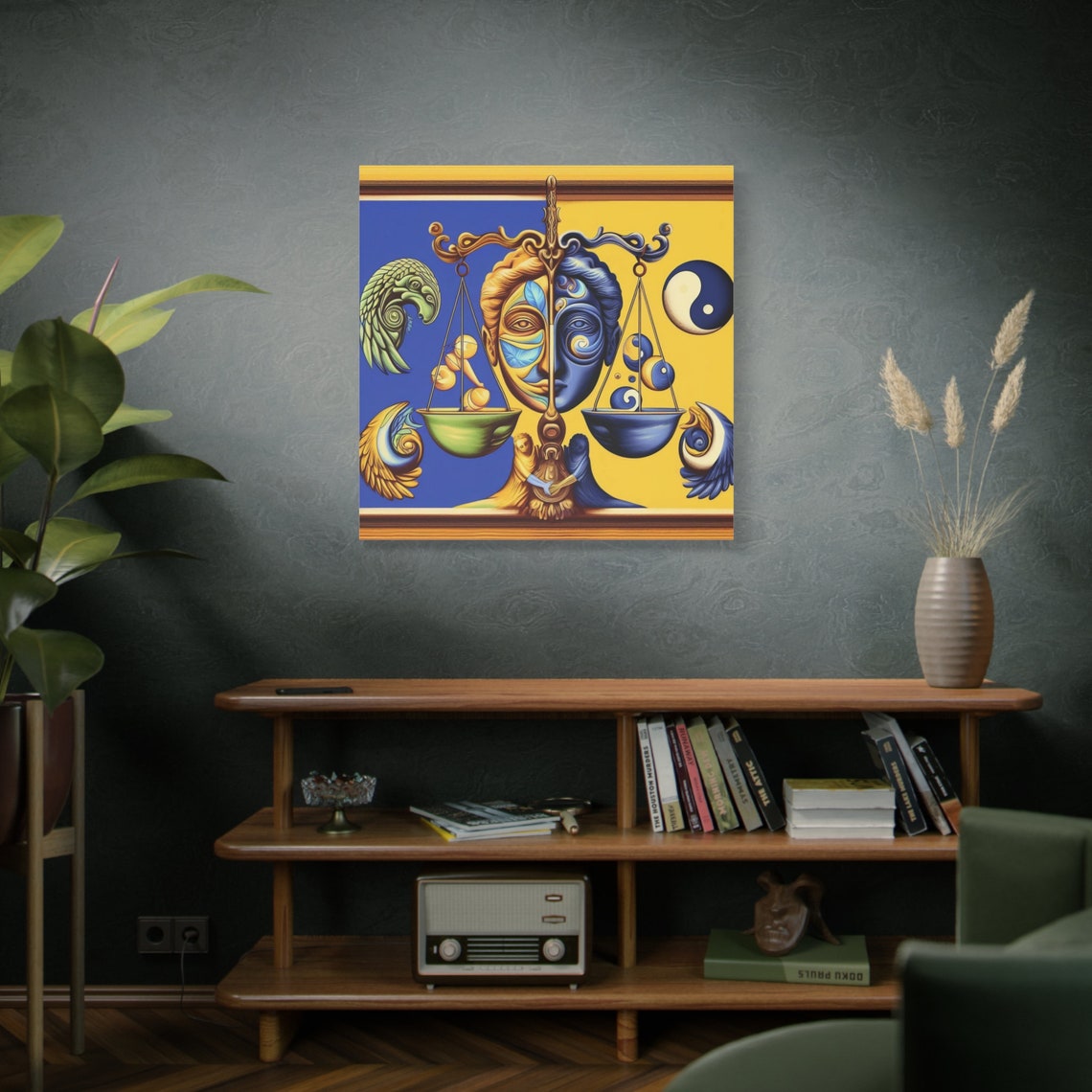 Surreal Yin Yang Justice Scales Split Face Blue Gold Harmony Poster - Image 4