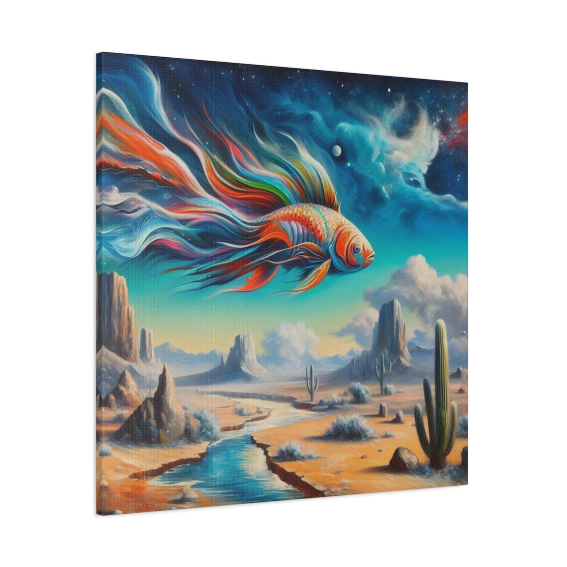 Surrealism Wall Art Painting Surreal Fish Painting Surrealist Colorful Fish Art Koi Fish Painting Stretched 125