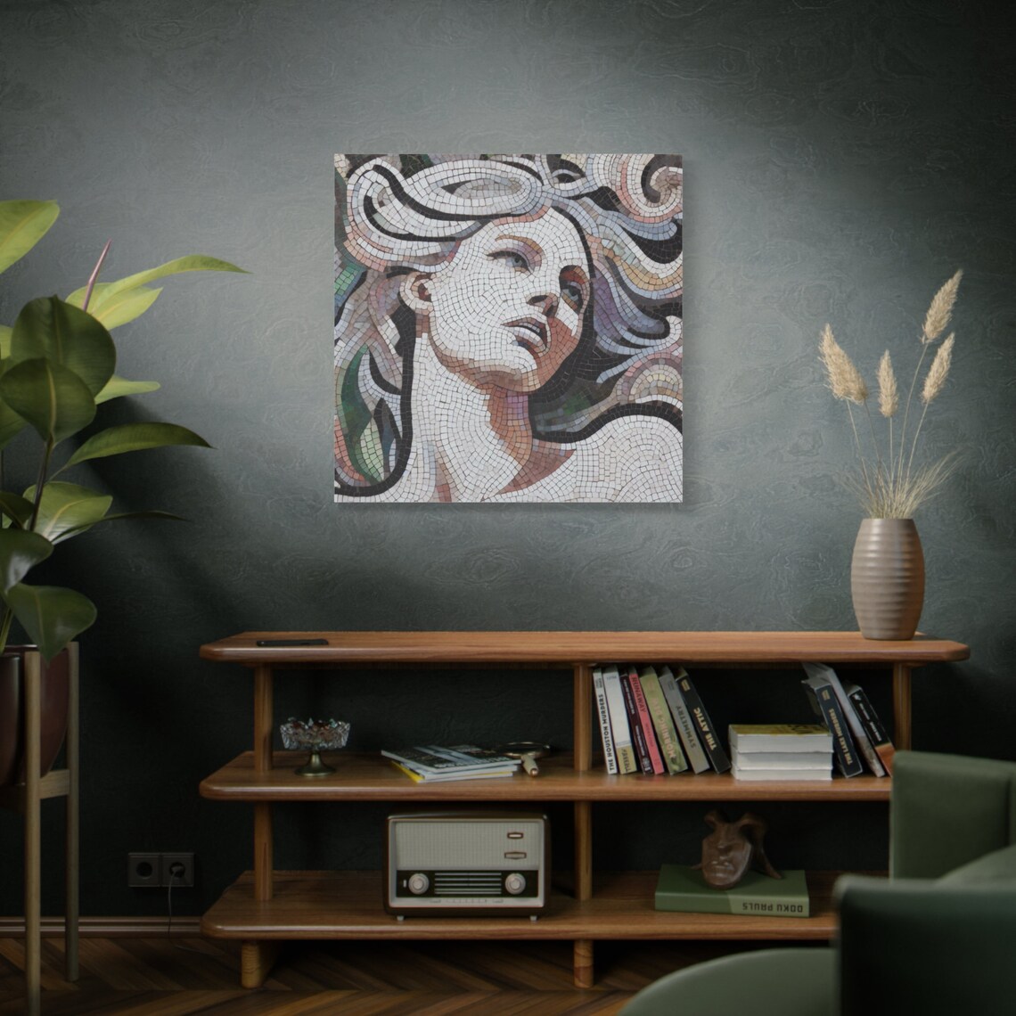 Mosaic Tile Woman Portrait Flowing Hair Earth Tones Classic Art Poster - Image 2