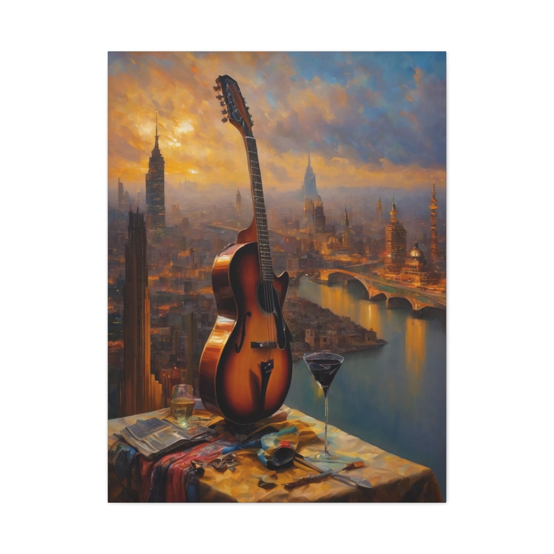 Acoustic Guitar Above City Skyline Sunset Music Lovers Art Poster