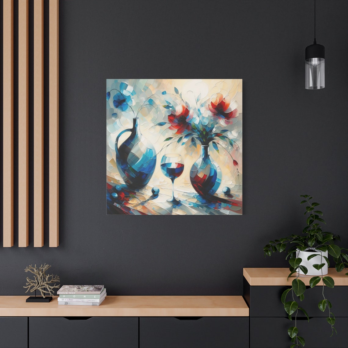 Abstract Wine Glass Flowers Blue Vase Impasto Modern Still Life Poster - Image 2