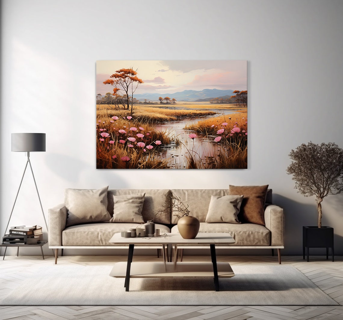 Pink Cosmos By Autumn River Golden Marsh Sunset Landscape Poster - Image 4