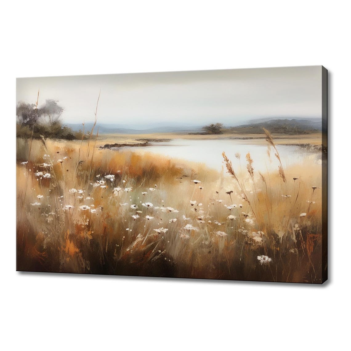 Flowers Field Meadow By The Lake Vintage Painting Style Print Farmhouse Decor Art Nature Picture Wall Hanging Fine Art Print