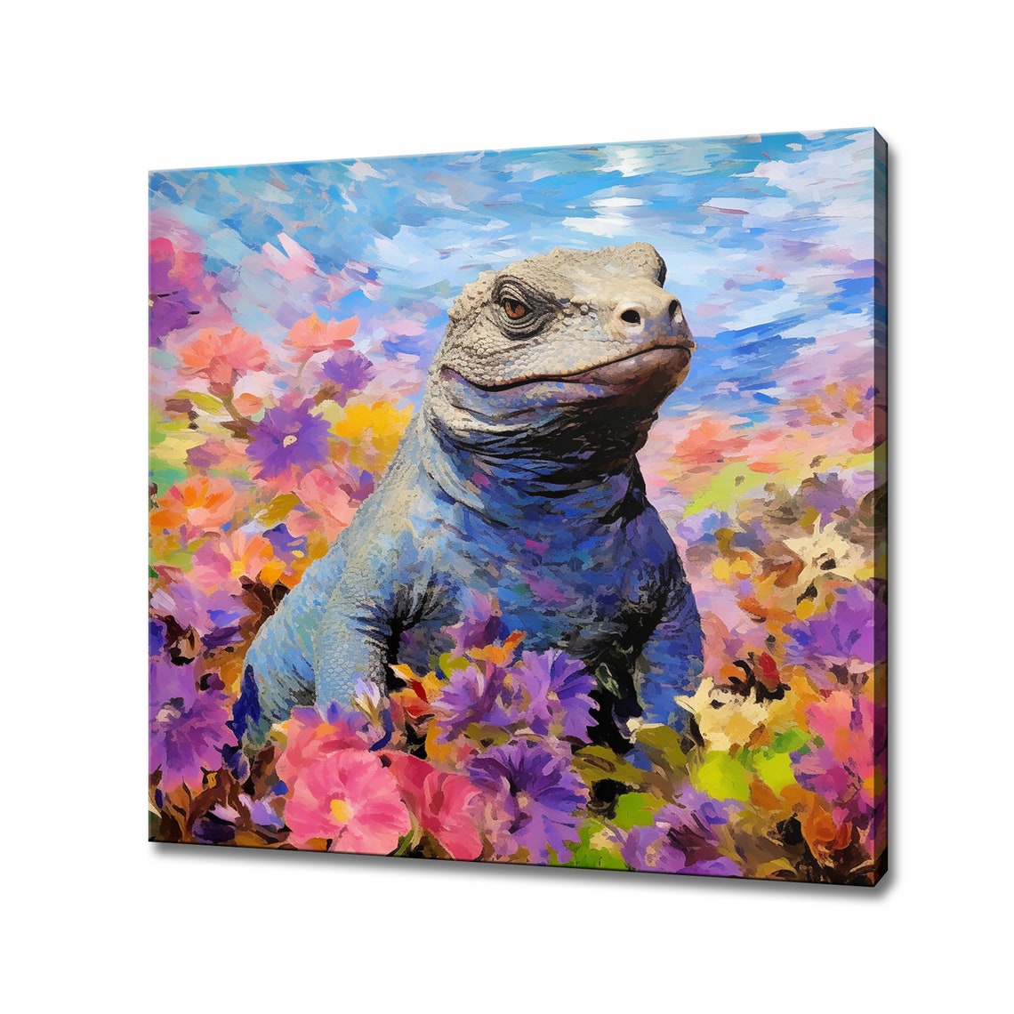 Komodo Dragon In Vibrant Wildflower Field Whimsical Art Poster