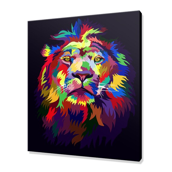Colourful Abstract Lion Portrait Black Background Modern Wall Art Poster