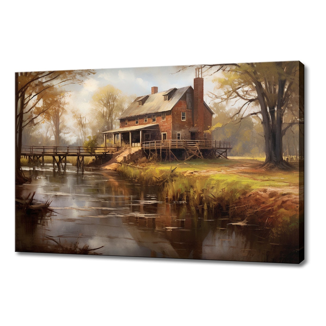 Old Brick Mill By The River Wooden Bridge Autumn Vintage Art Poster