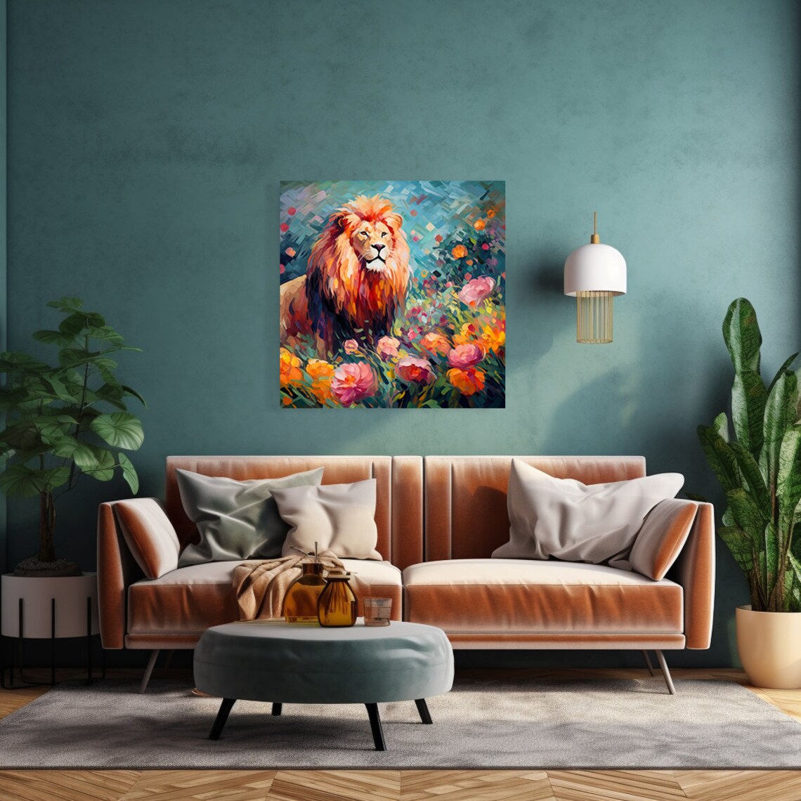 Lion With Fiery Mane Among Pink Orange Flowers Modern Art Poster - Image 2