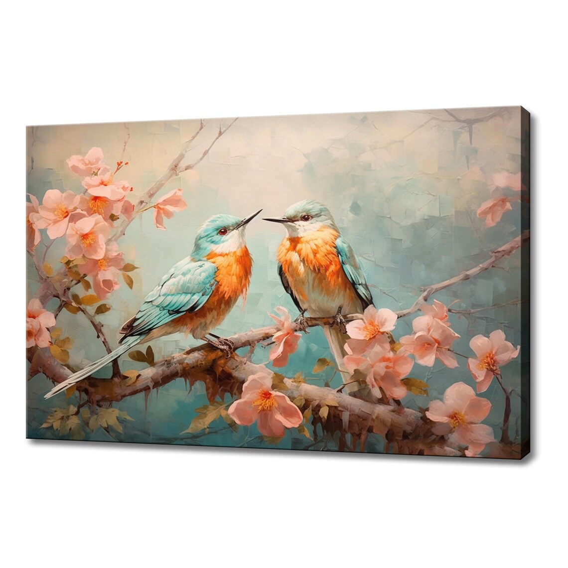 Two Pastel Blue Orange Birds Cherry Blossom Branch Painting Poster
