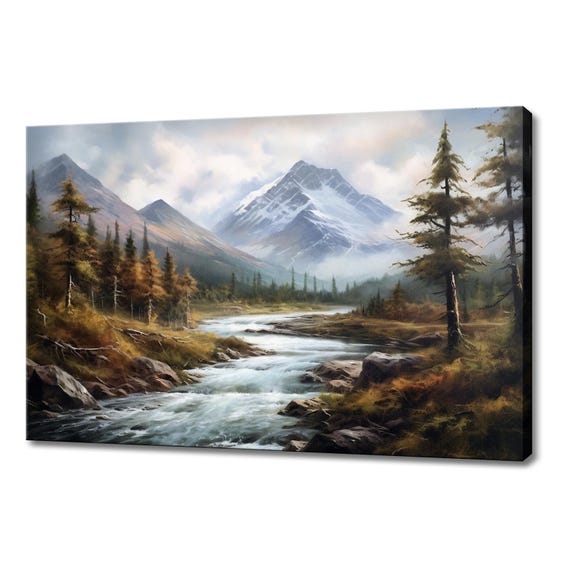 River In Snowy Winter Mountains Vintage Landscape Painting Style Print Farmhouse Decor Art Picture Wall Hanging Fine Art Print