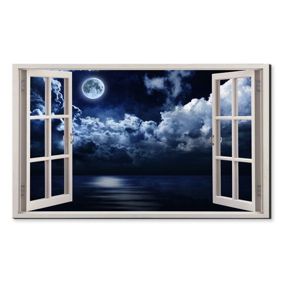 Full Moon Over Ocean Through Open Window Illusion Night Sea Poster