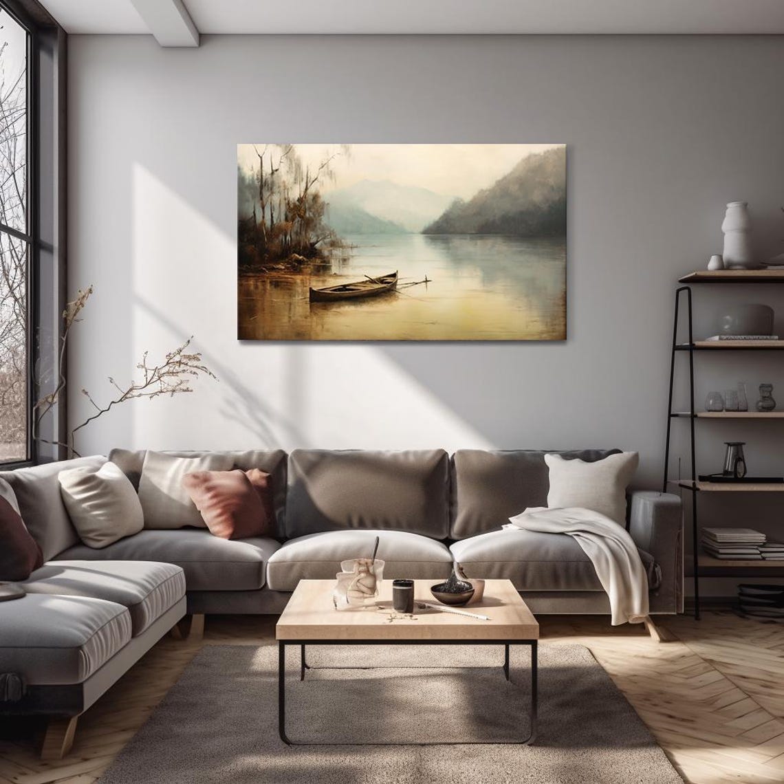 Boat On The Foggy Lake Vintage Landscape Muted Painting Style Print Farmhouse Decor Art Picture Wall Hanging Fine Art Print - Image 4