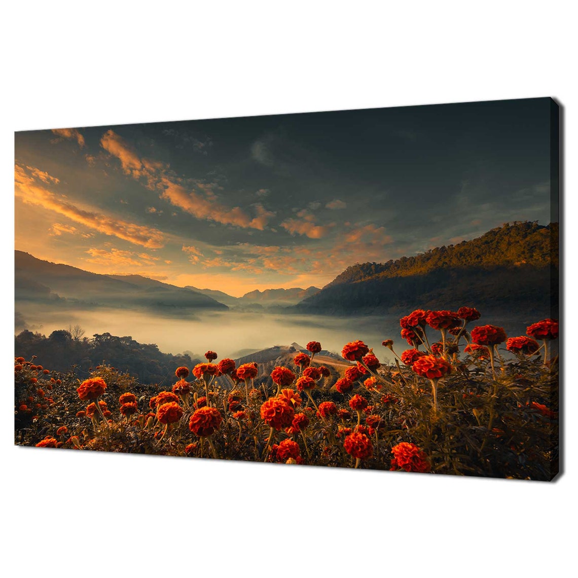 Red Flowers Misty Mountain Valley Sunrise Golden Clouds Meadow Poster