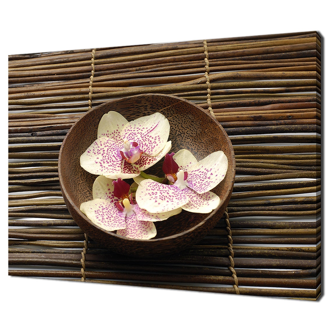White Orchid Blossoms In Wooden Bowl Bamboo Mat Zen Spa Art Poster