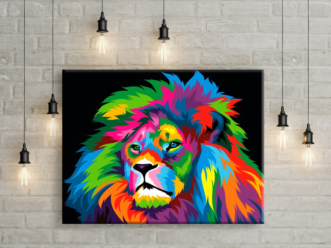 Colourful Abstract Lion Face Portrait Black Background Wall Art Poster - Image 2