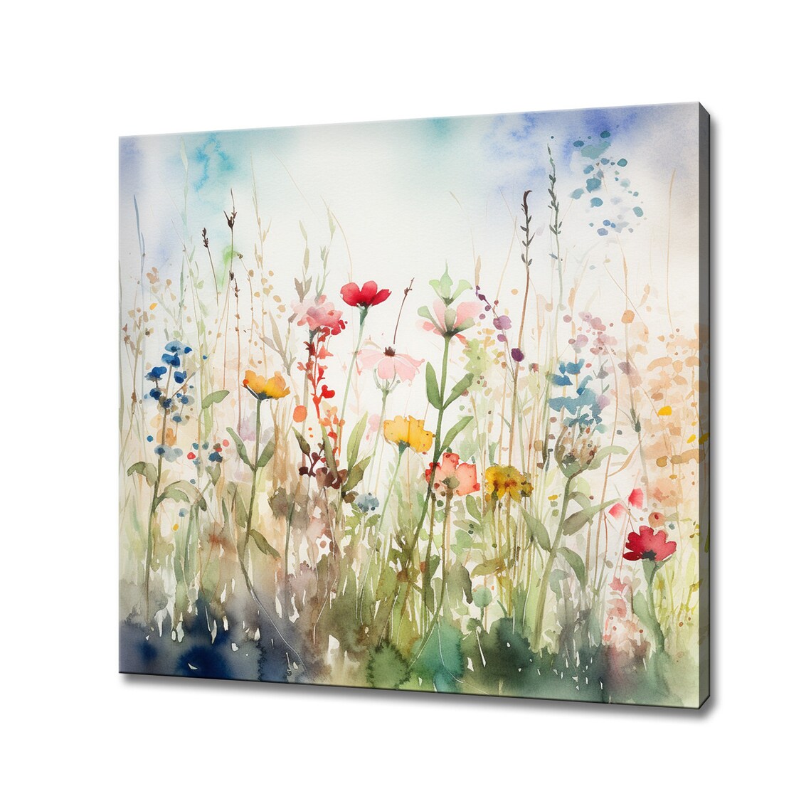 Colorful Wildflower Meadow Watercolor Painting Floral Garden Wall Art