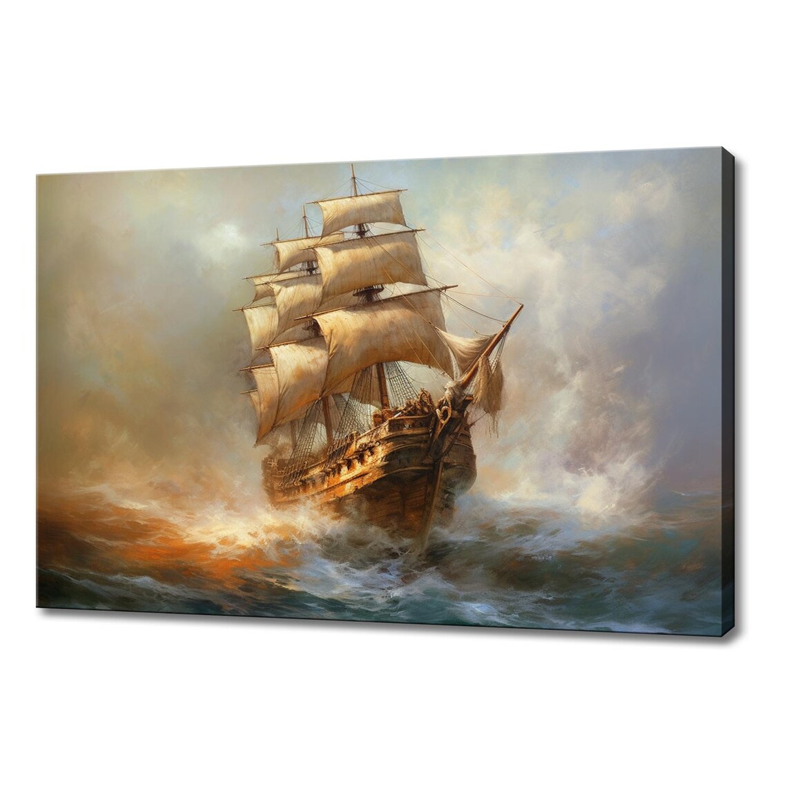 Tall Sailing Ship In Stormy Sunset Seas Vintage Maritime Art Poster