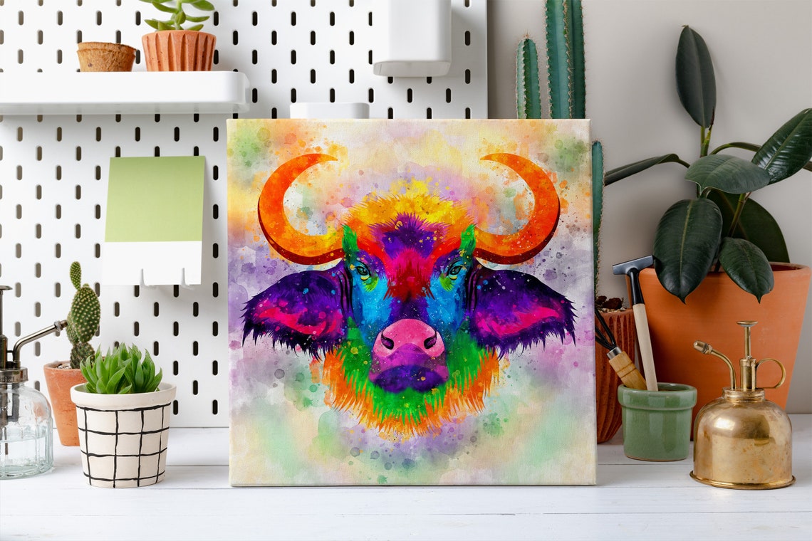 African Buffalo Head Rainbow Watercolour Wildlife Animal Poster - Image 2