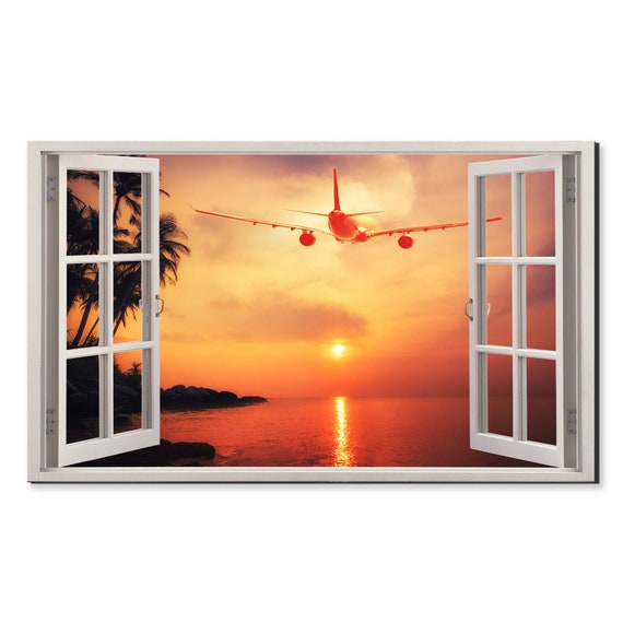 Aeroplane Flying At Sunset Window View Window Frame Style Modern Design Home Decor Print Wall Art Picture Ready To Hang