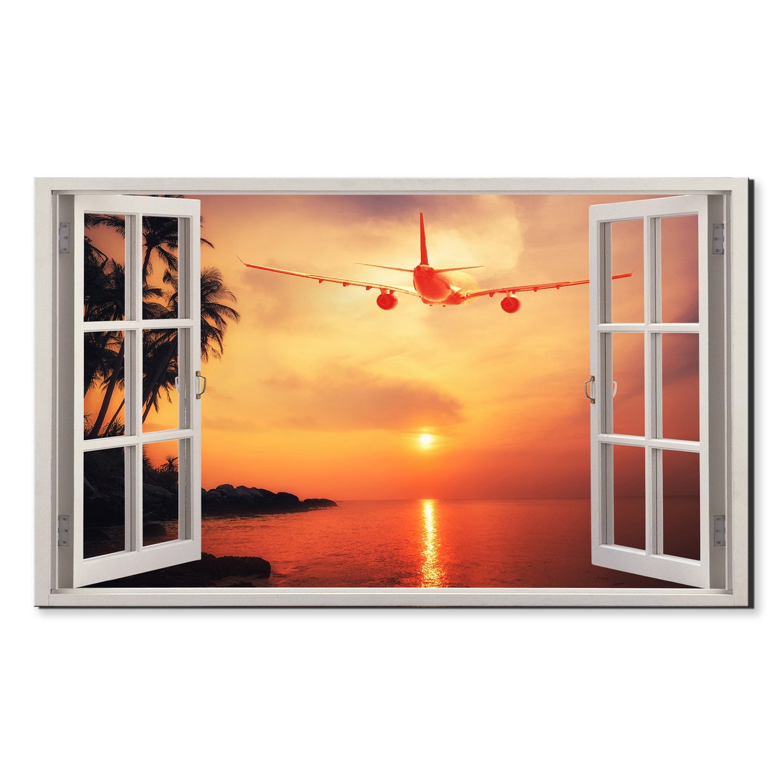 Airplane Flying Sunset Ocean Open Window View Tropical Beach Poster