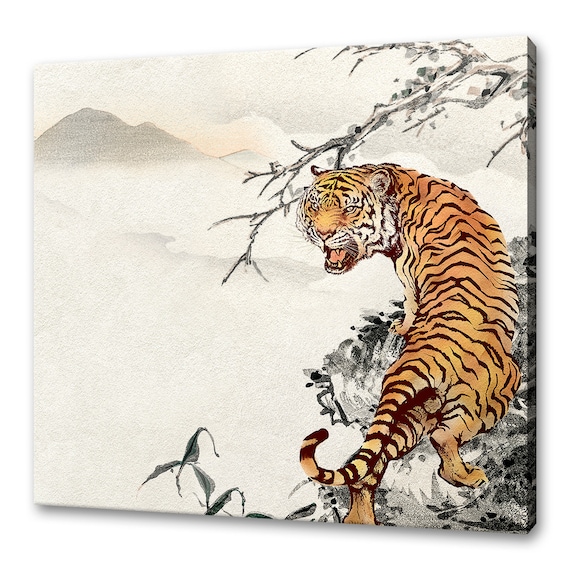 Roaring Tiger Japanese Watercolor Ink Style Wild Animal Art Poster