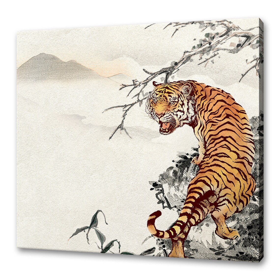 Roaring Tiger Japanese Watercolor Ink Style Wild Animal Art Poster