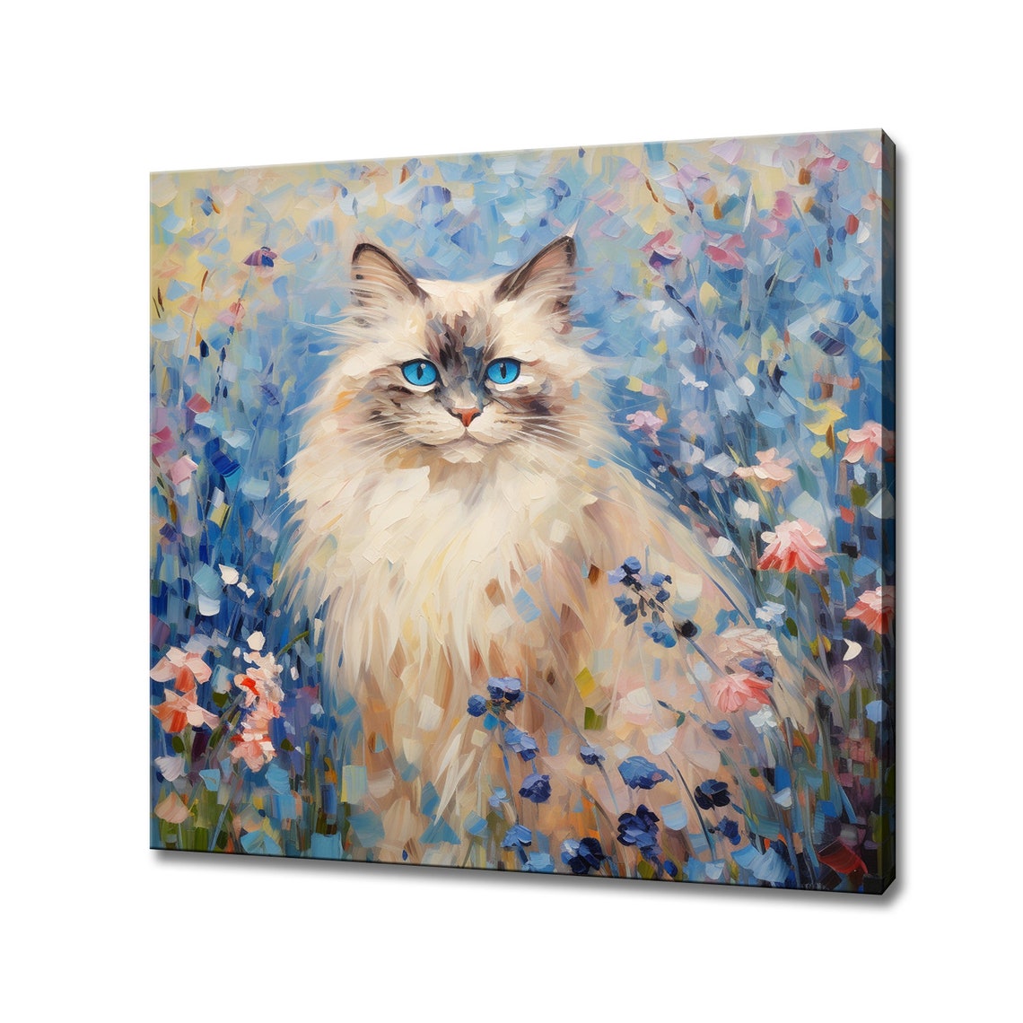 Blue Eyed White Ragdoll Cat Portrait In Blue Wildflower Field Poster