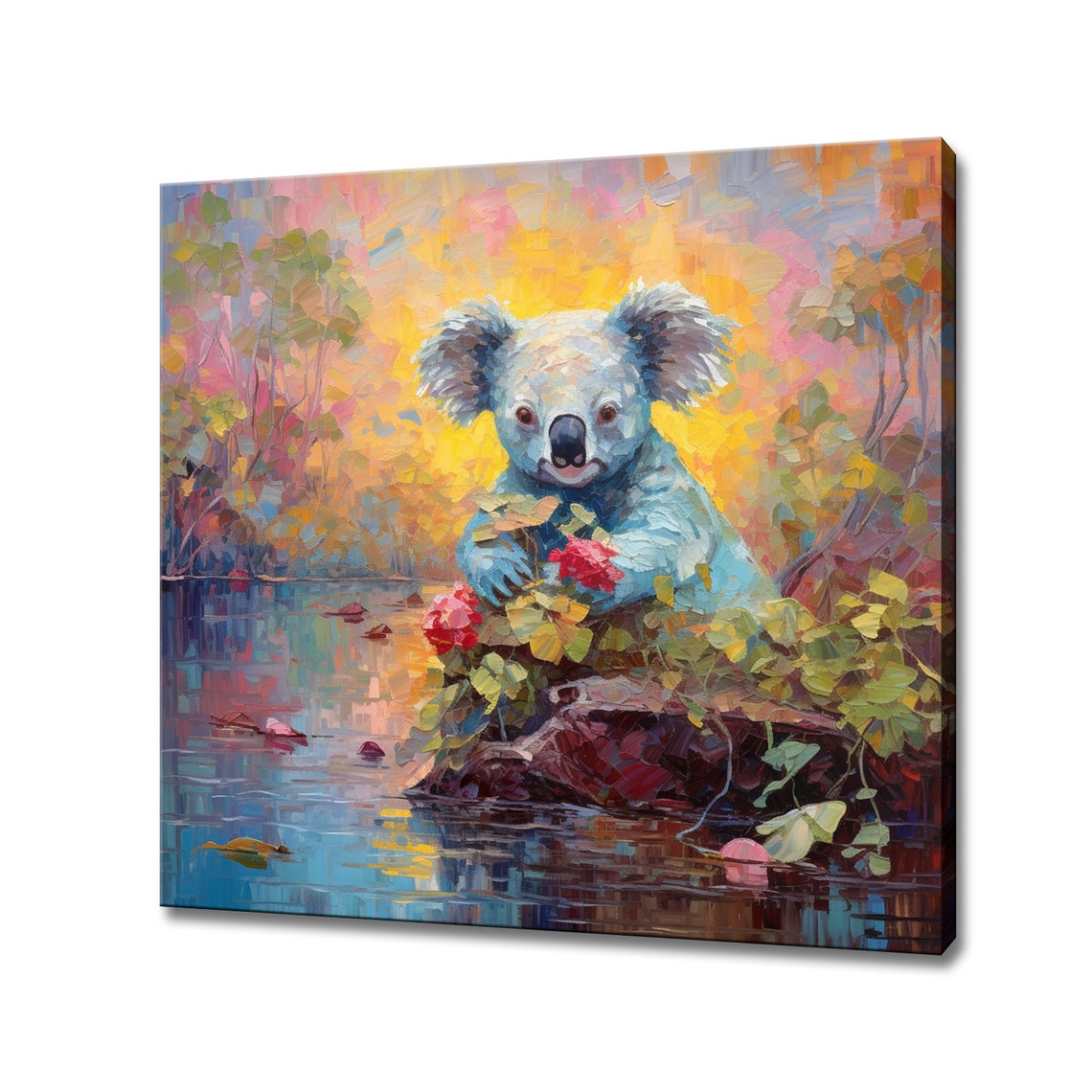 Koala Bear Cub By Sunset Pond Red Flowers Painterly Animal Poster