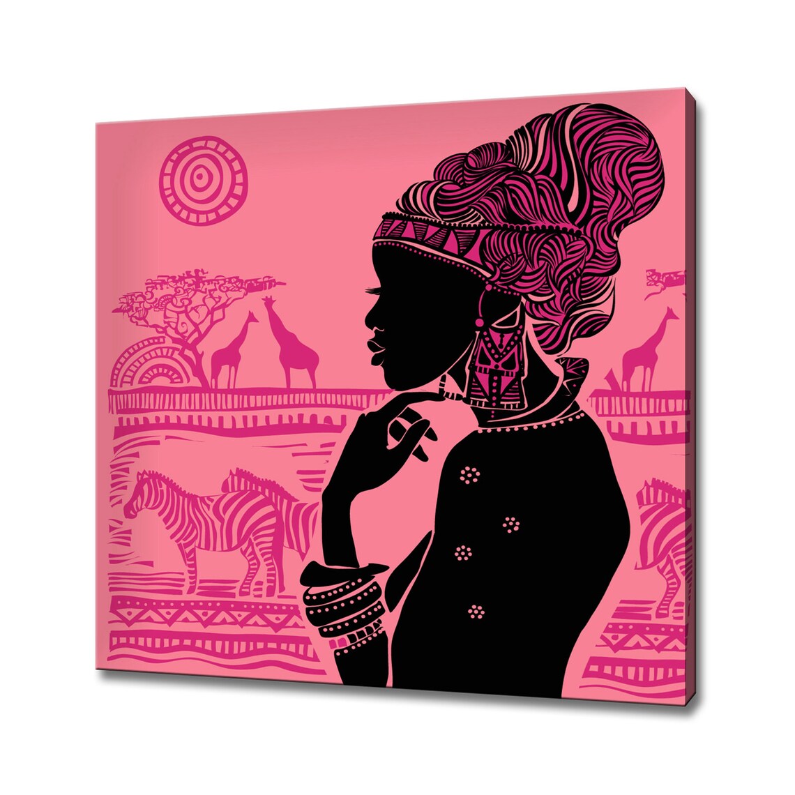 African Woman Silhouette Golden Savanna Giraffe Zebra Art Print - Image 3
