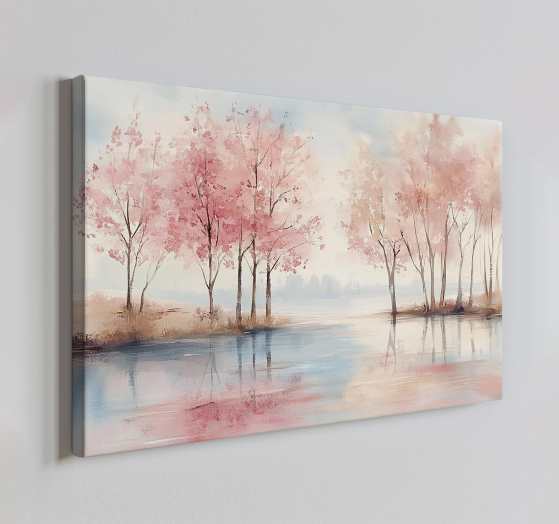 Pink Cherry Blossom Trees By Water Soft Watercolor Spring Print