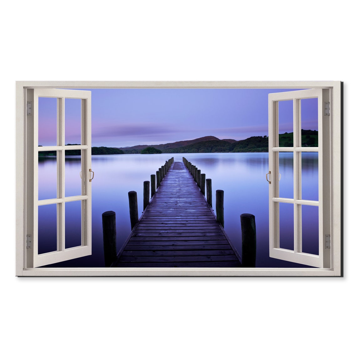 Purple Sunset Over Lake Pier Dock Window View Window Frame Style Modern Design Home Decor Print Wall Art Picture Ready To Hang