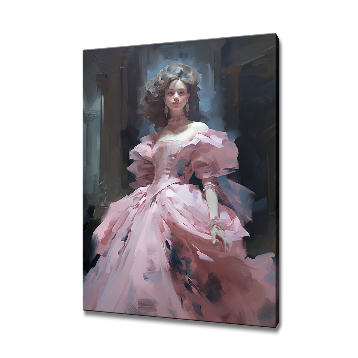Elegant Lady in Blush Pink Victorian Gown Grand Hall Portrait Poster