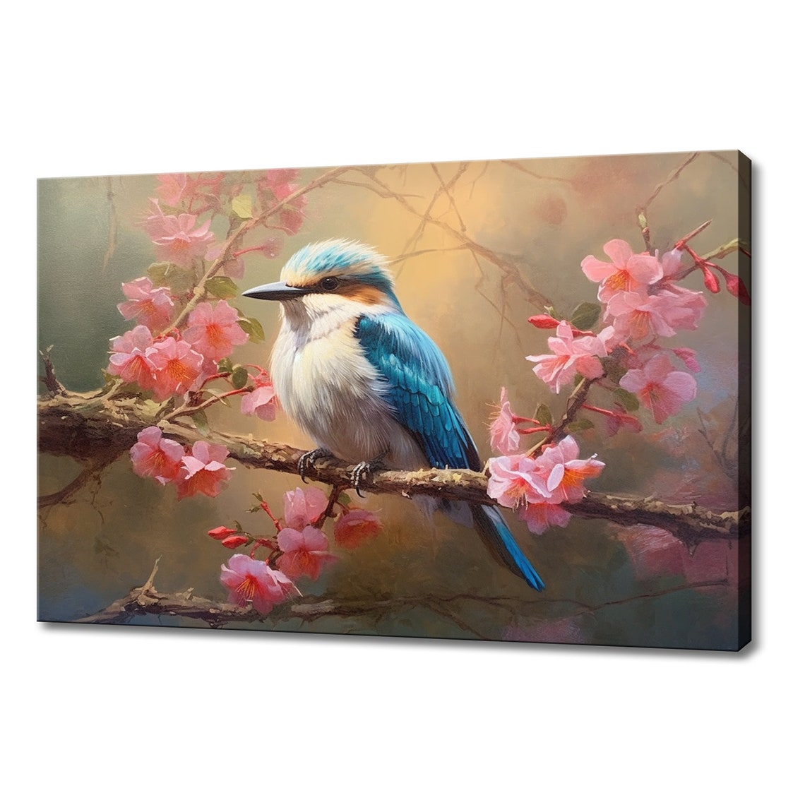 White Teal Songbird On Pink Blossom Branch Warm Golden Light Poster