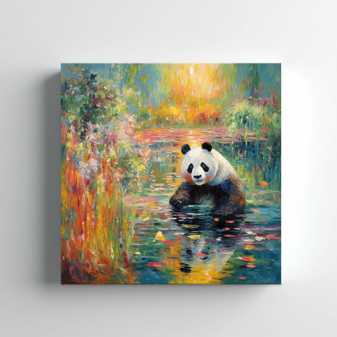 Giant Panda Bathing Among Autumn Leaves Monet Style Painting Poster - Image 4
