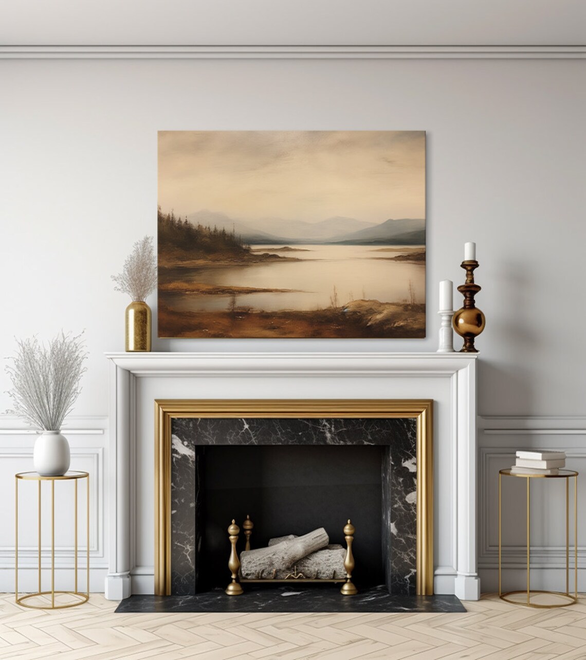 Misty Lake With Rocky Shore Pine Trees Layered Mountain Poster - Image 3